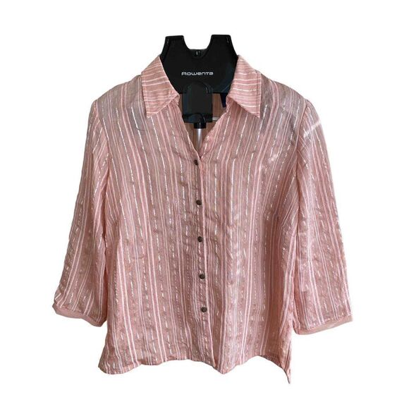 NWT J.H. Collectibles Sheer Button Front Blouse Womens Size L Striped Rayon Pink - Picture 1 of 3